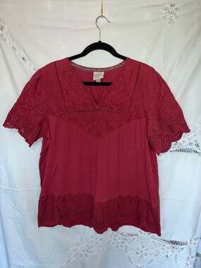 Knox Rose Red Eyelet Embroidered Women’s Plus Size Short Sleeve Top XXL
